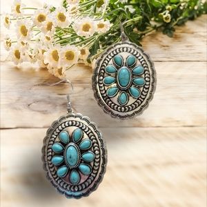 NEW 🦄 Turquois & Silver Large Statement Oval Earrings